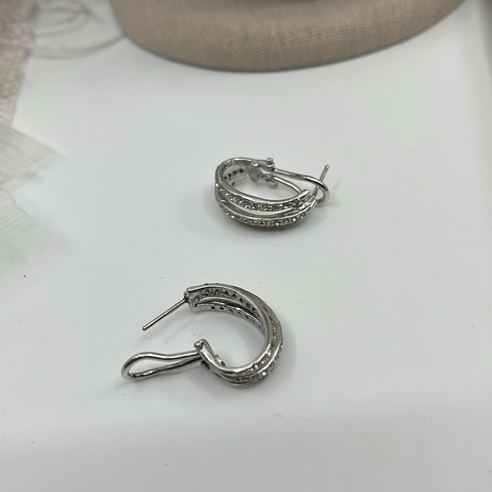 ✨ 925 Sterling Silver Double Row CZ Hoop Earrings - 5.1g - Picture 6 of 12